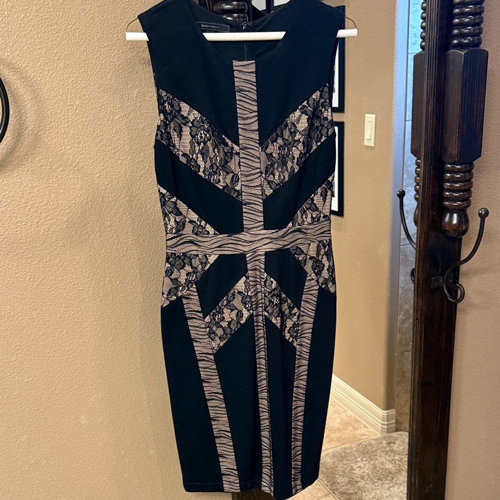 BCBGMaxAzria Black and Tan Geometric Lace Midi Dress
